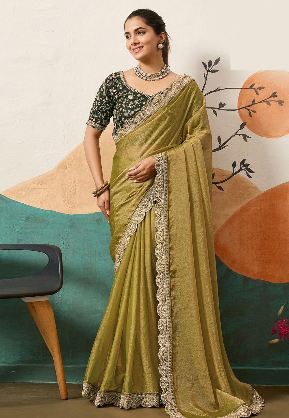 Mehndi Silk Chiffon Saree With Blouse 318788