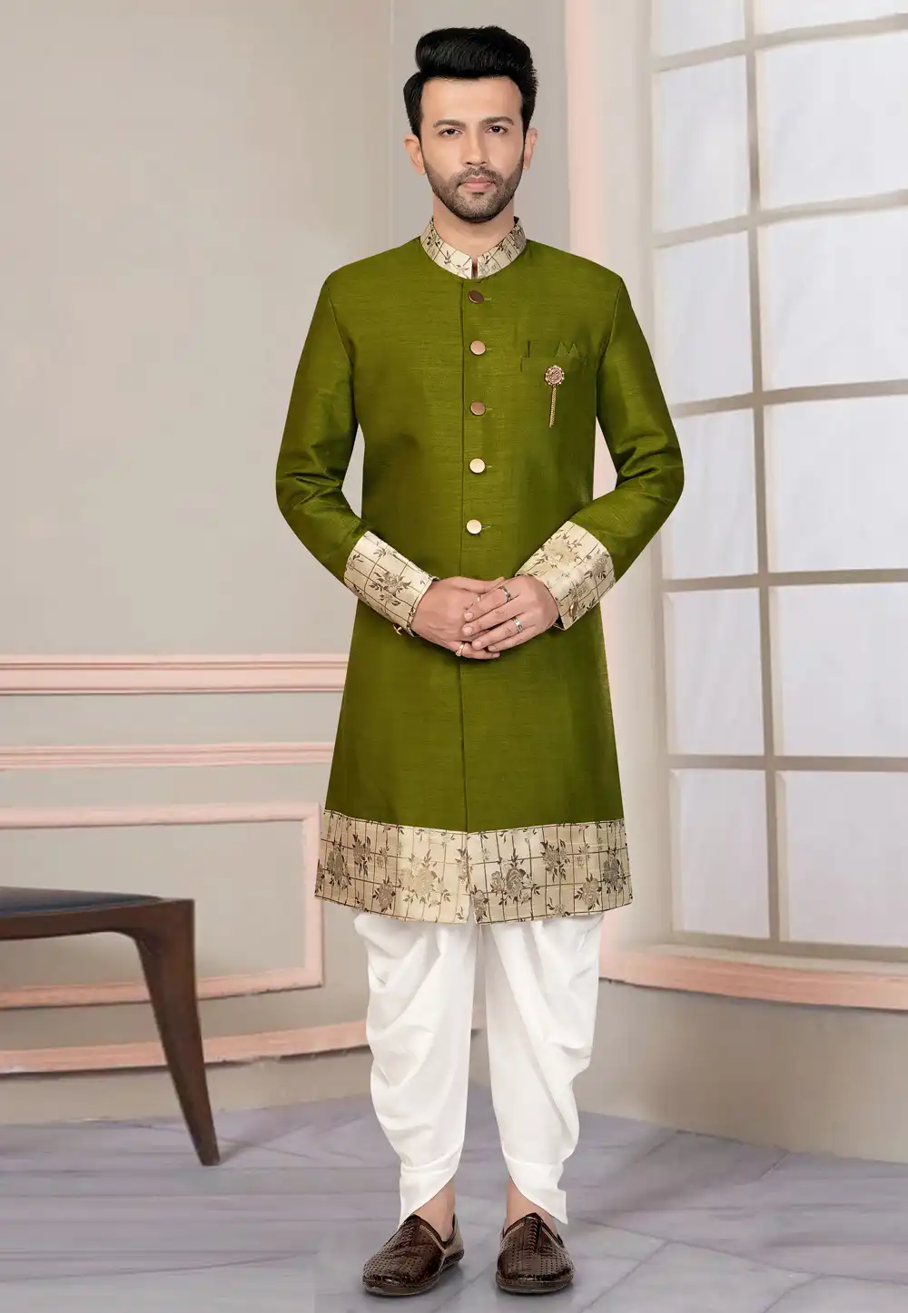 Mehndi Silk Indo Western Suit 316128
