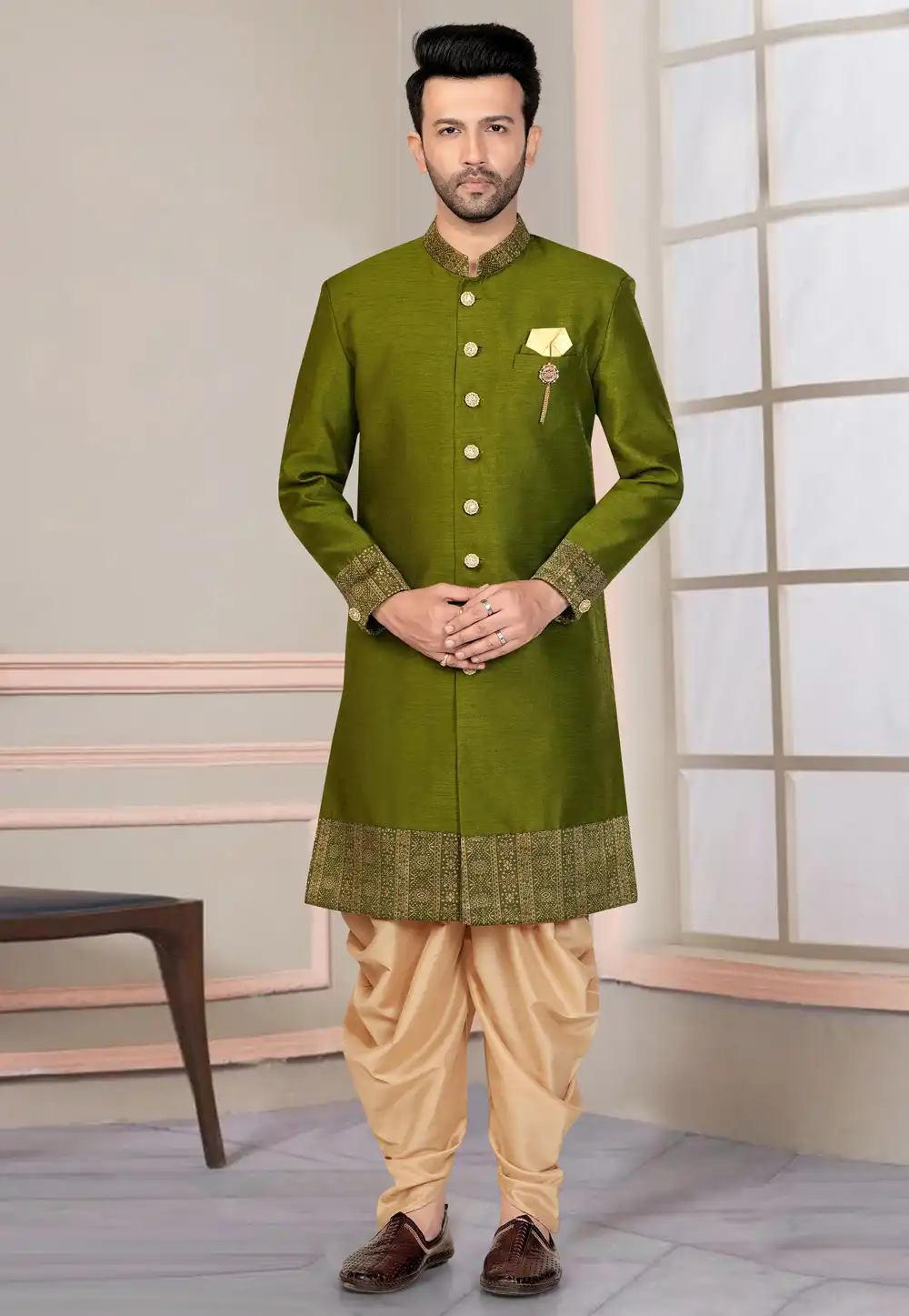 Mehndi Silk Indo Western Suit 316138