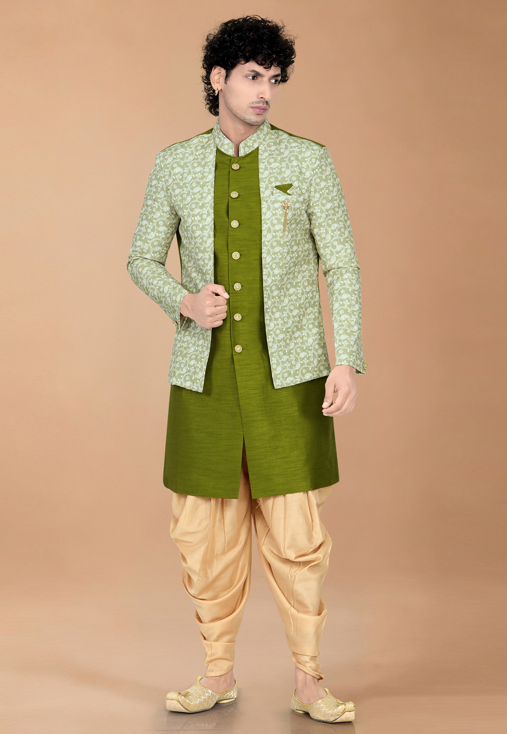 Mehndi Silk Indo Western Suit 329889