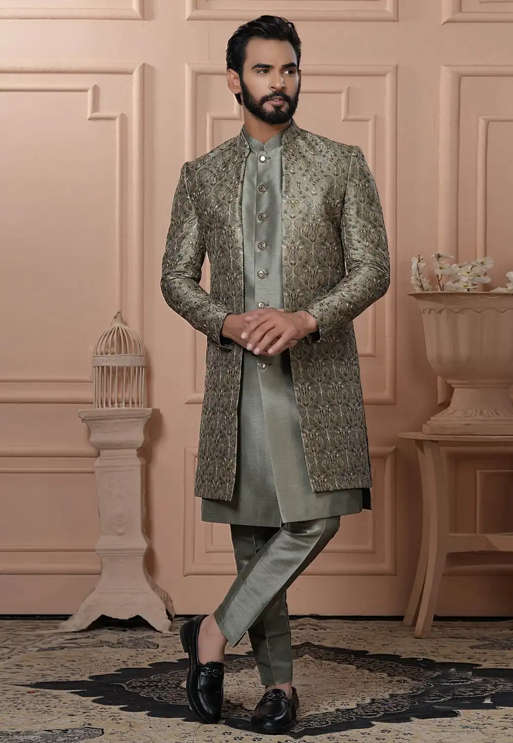 Mehndi Silk Jacket Style Sherwani 315045