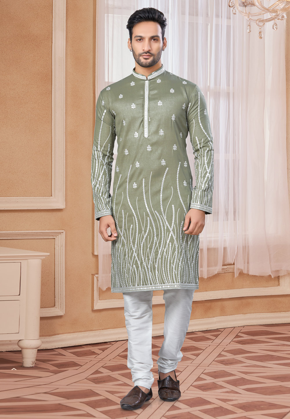 Mehndi Silk Kurta Pajama 307653