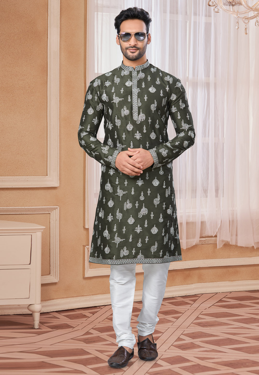 Mehndi Silk Kurta Pajama 307658