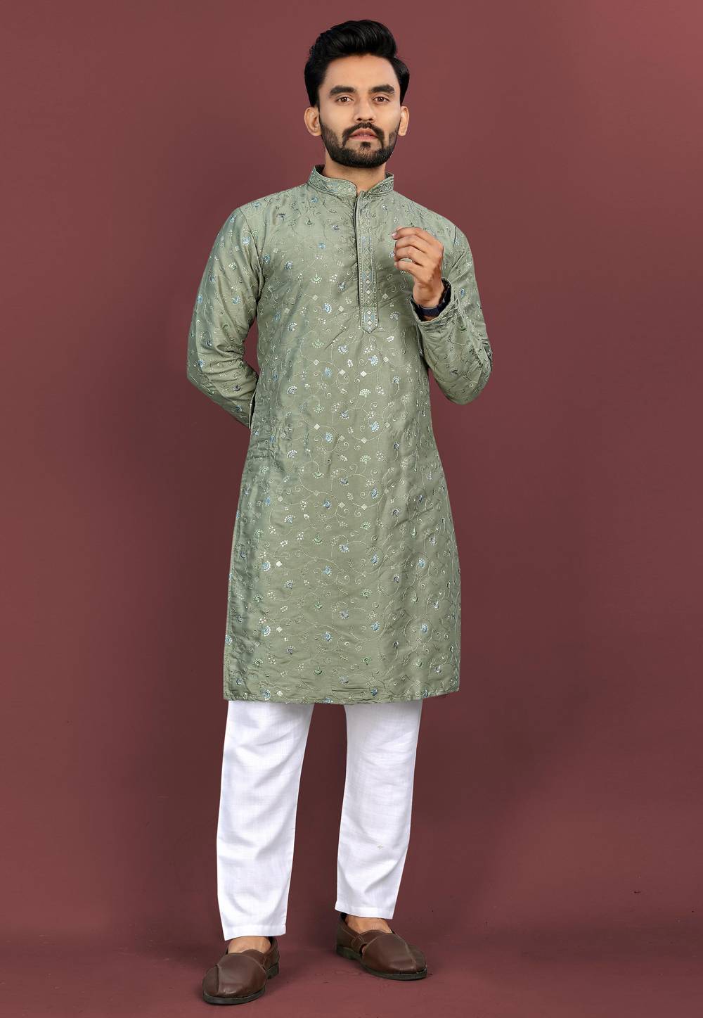 Mehndi Silk Kurta Pajama 306031