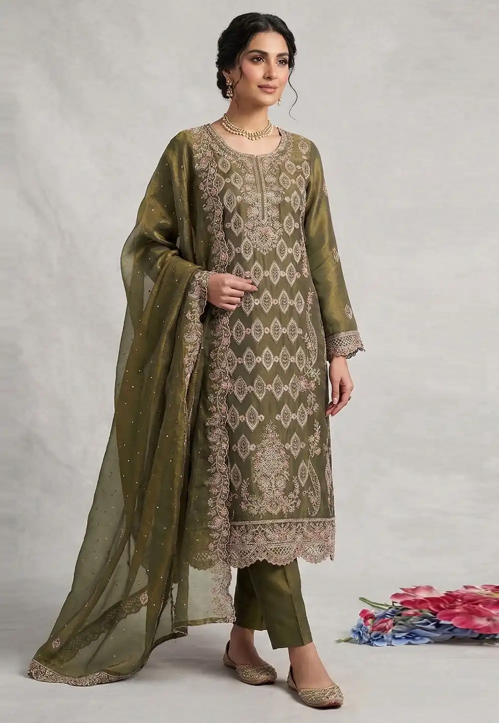 Mehndi Silk Pakistani Suit 329590