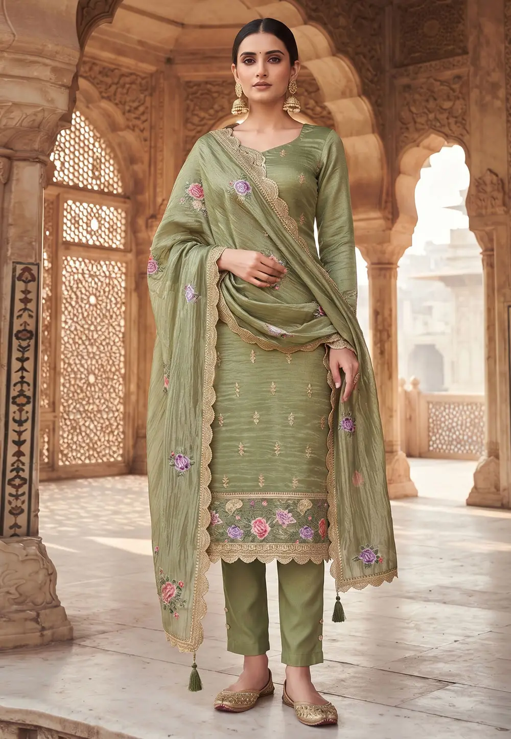 Mehndi Silk Pakistani Suit 332339