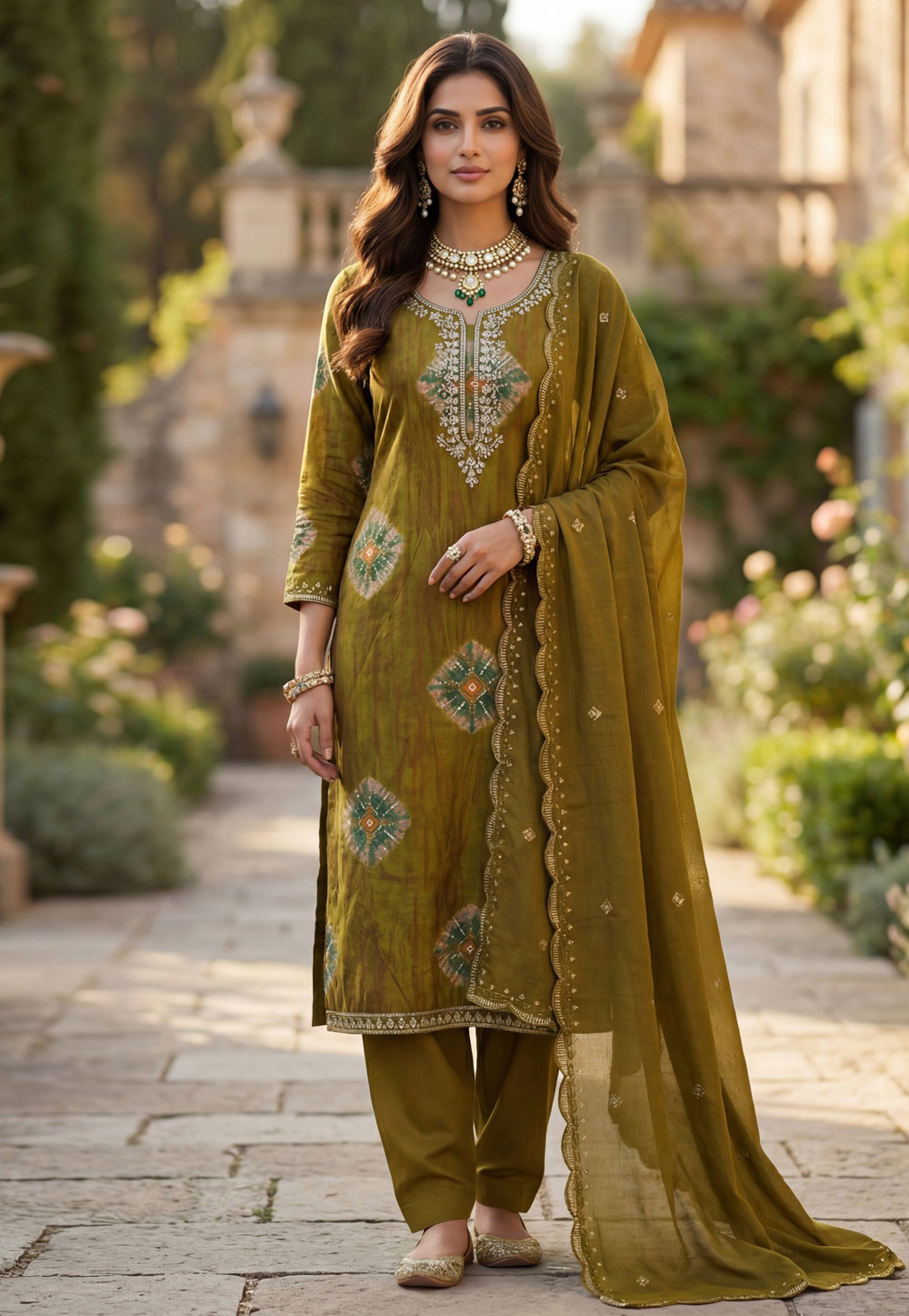 Mehndi Silk Pant Style Suit 324722