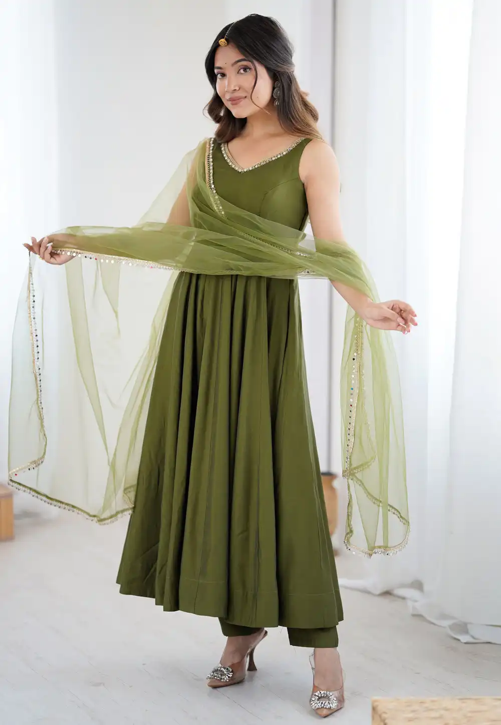 Mehndi Silk Readymade Anarkali Suit 316398
