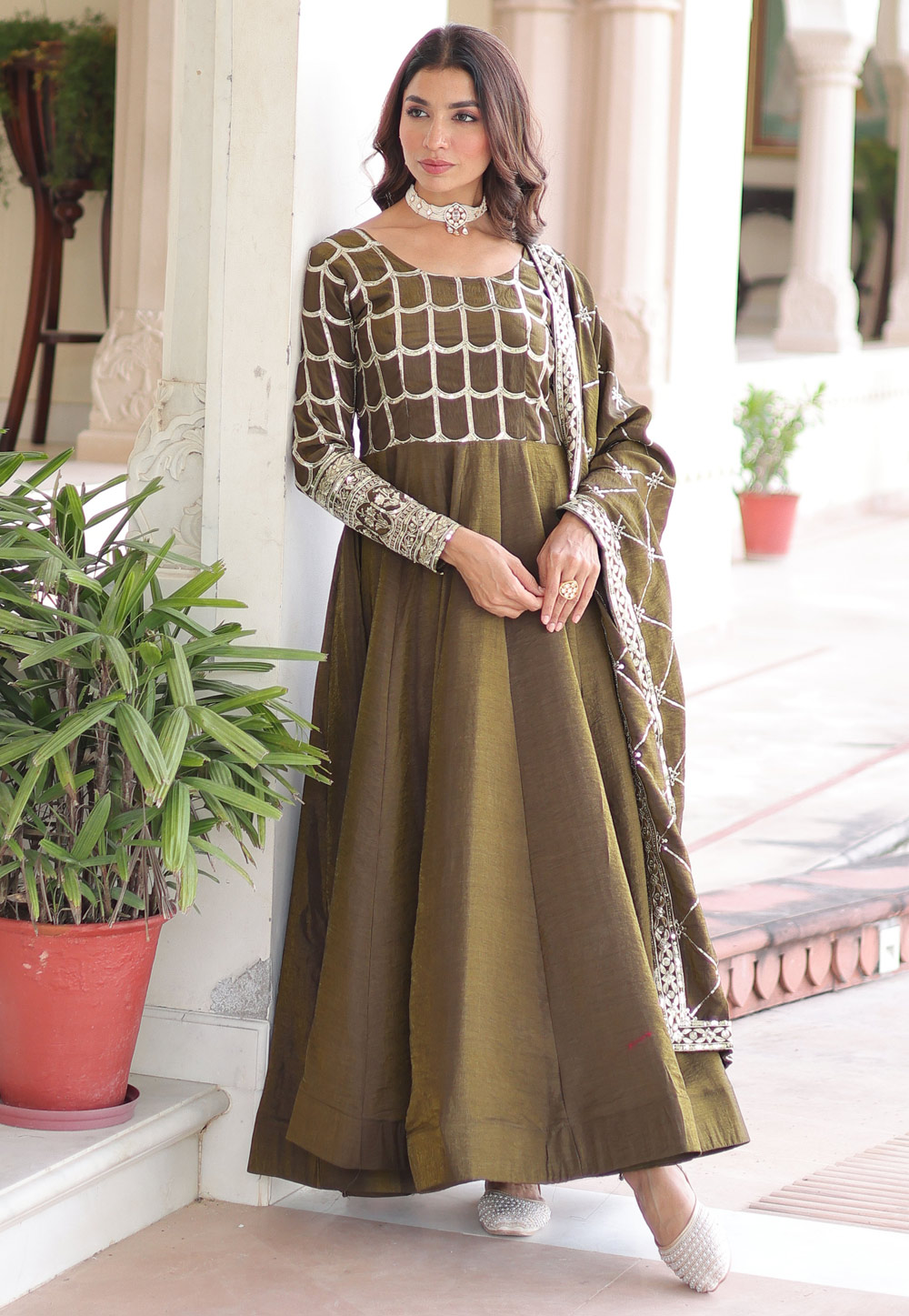 Mehndi Silk Readymade Anarkali Suit 321224