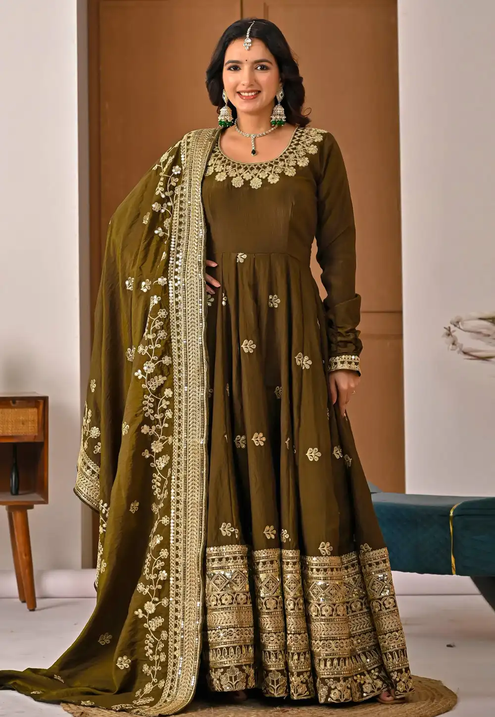 Mehndi Silk Readymade Anarkali Suit 323022
