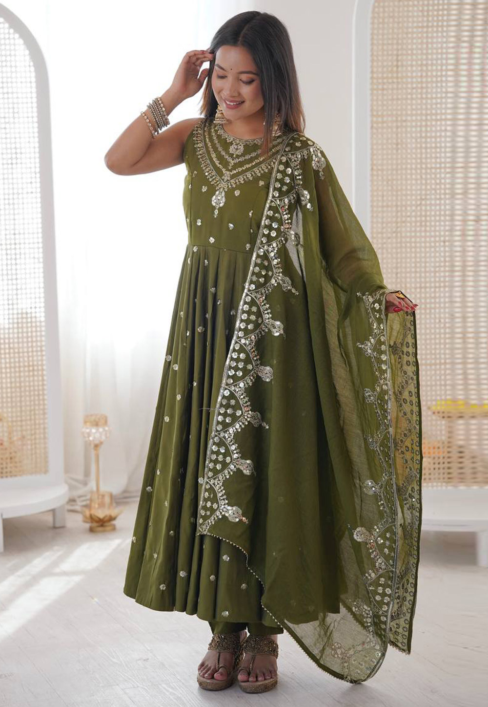 Mehndi Silk Readymade Anarkali Suit 325334