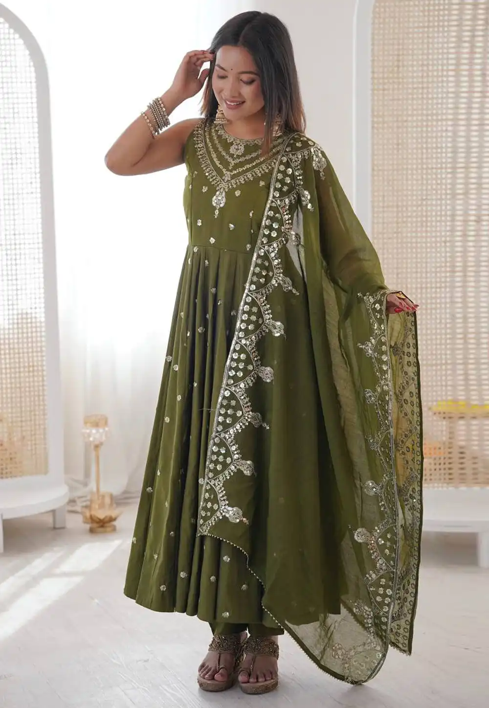Mehndi Silk Readymade Anarkali Suit 325334