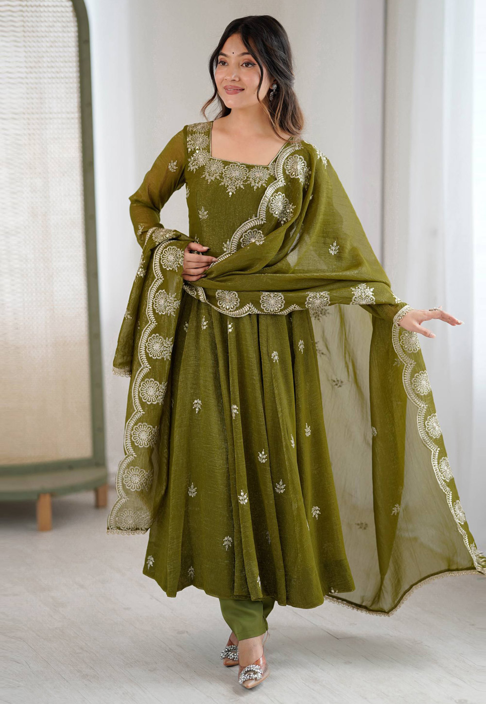 Mehndi Silk Readymade Anarkali Suit 327013