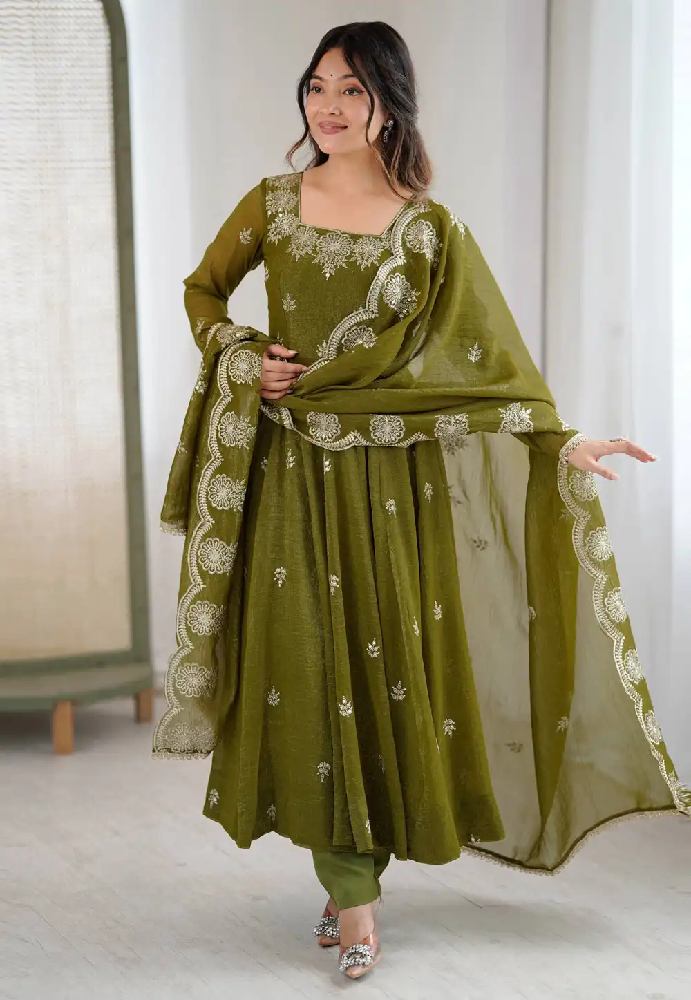 Mehndi Silk Readymade Anarkali Suit 327013