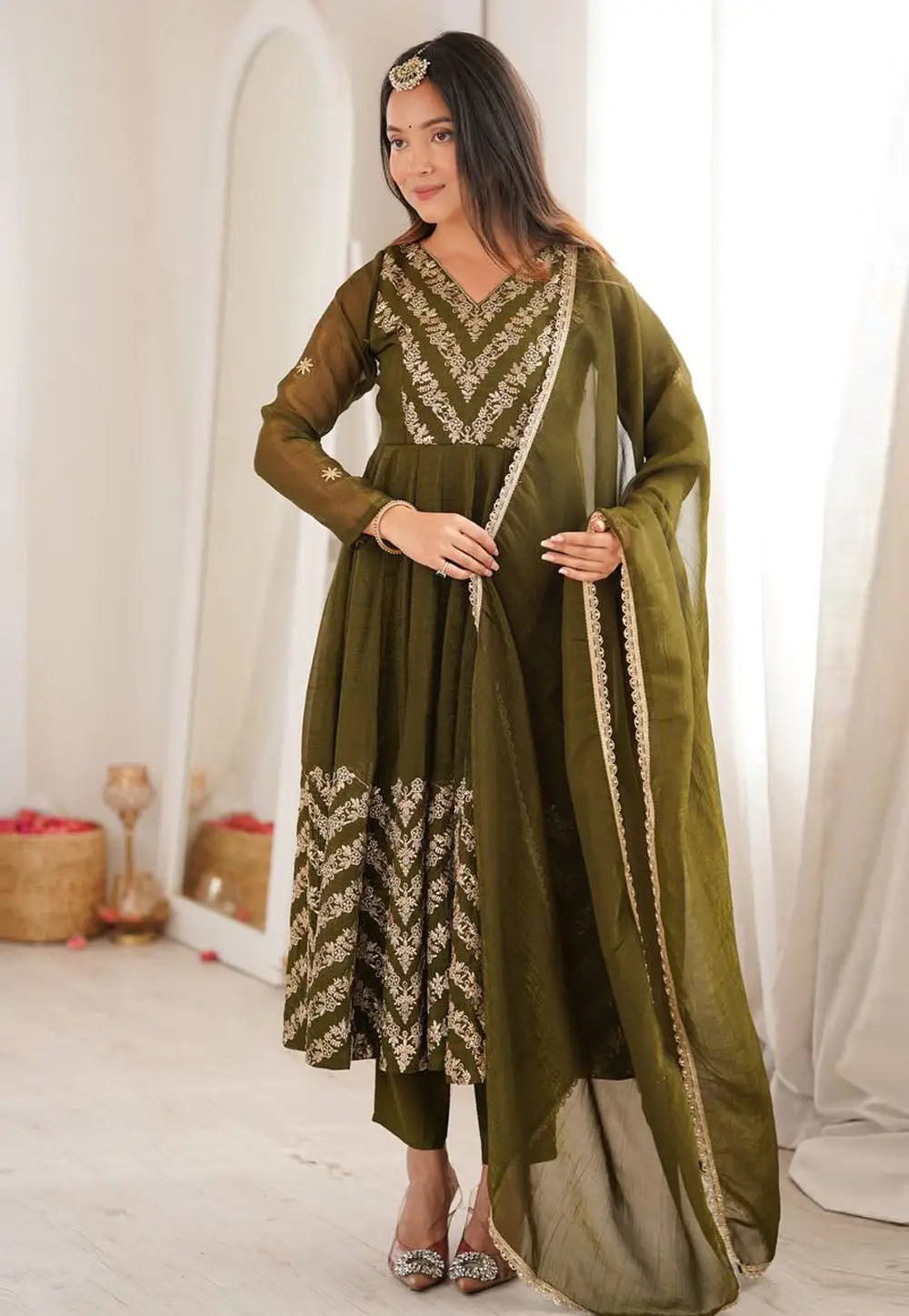 Mehndi Silk Readymade Anarkali Suit 332815