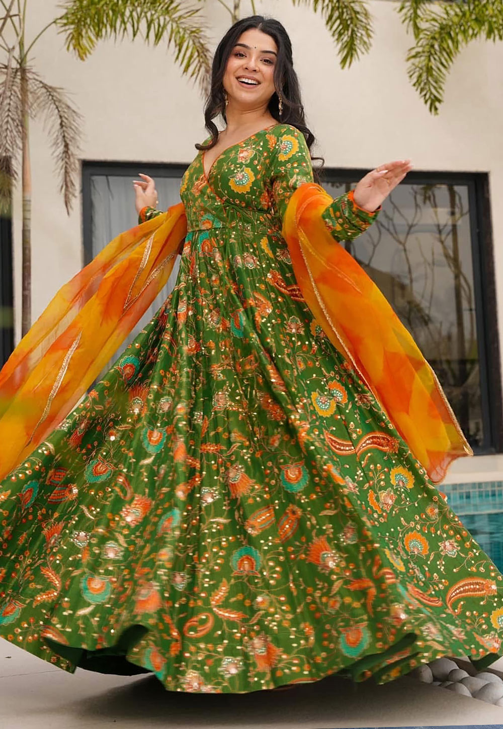 Mehndi Silk Readymade Anarkali Suit 311632