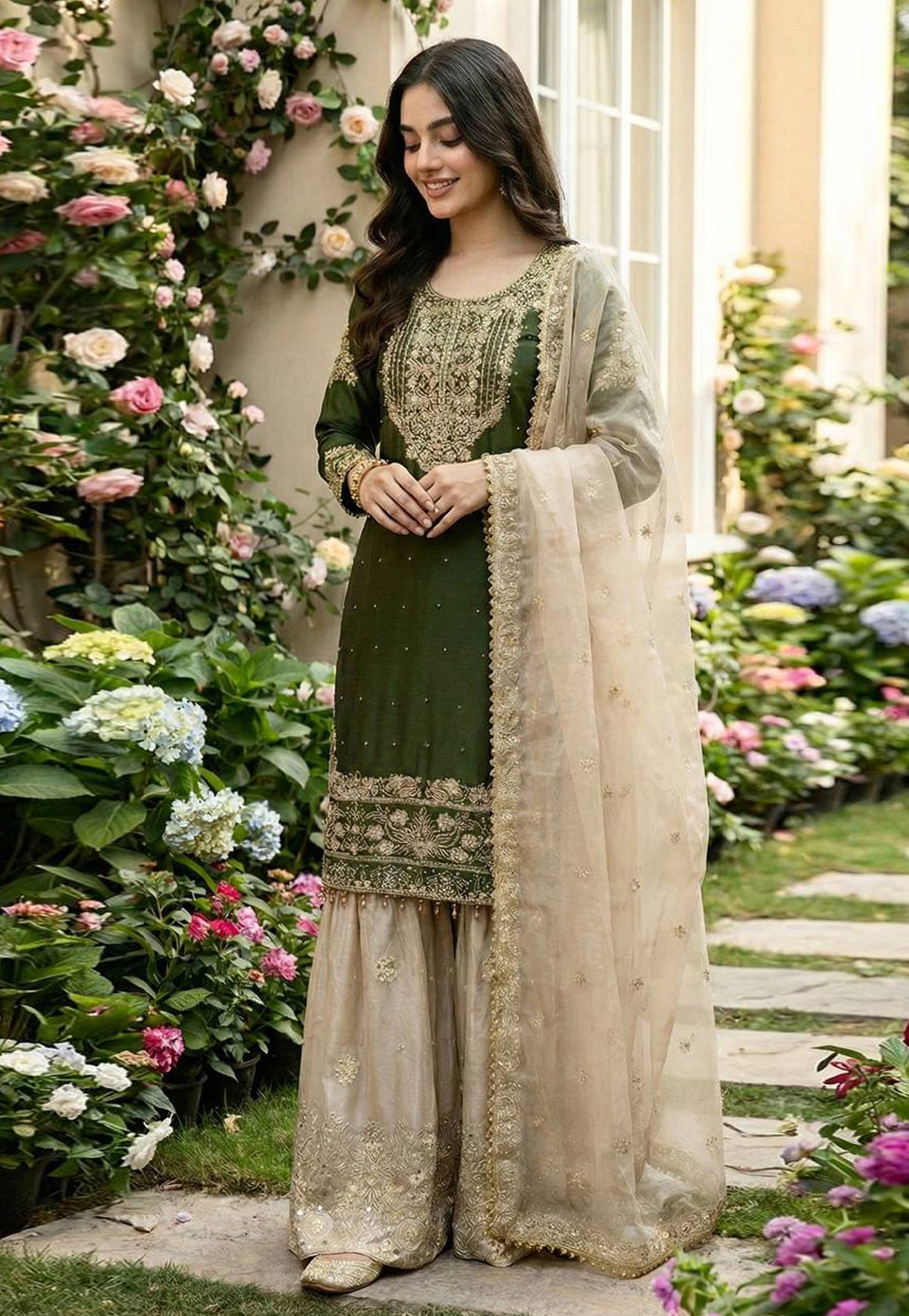 Mehndi Silk Readymade Gharara Suit 321589