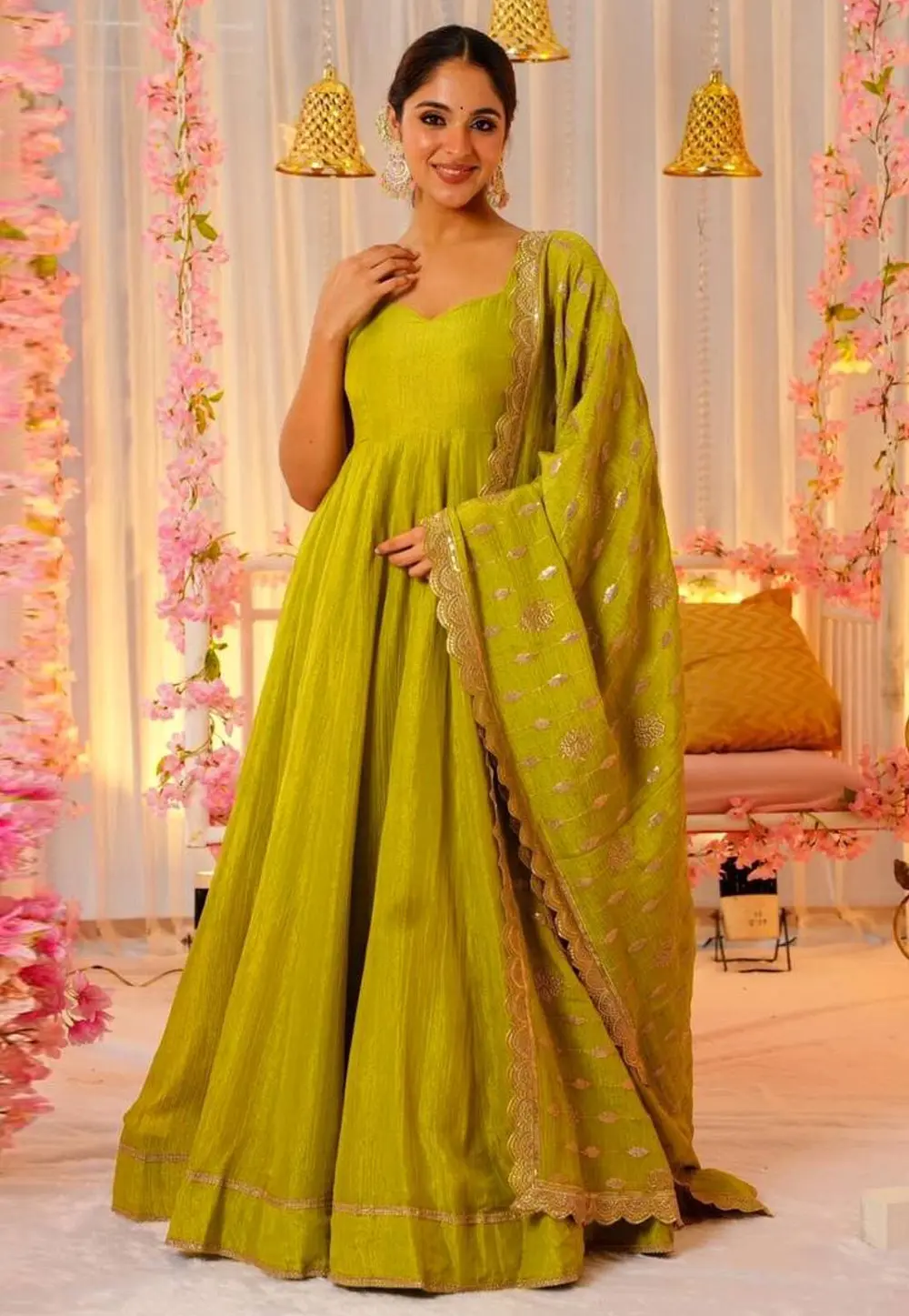 Mehndi Silk Readymade Long Anarkali Suit 303560