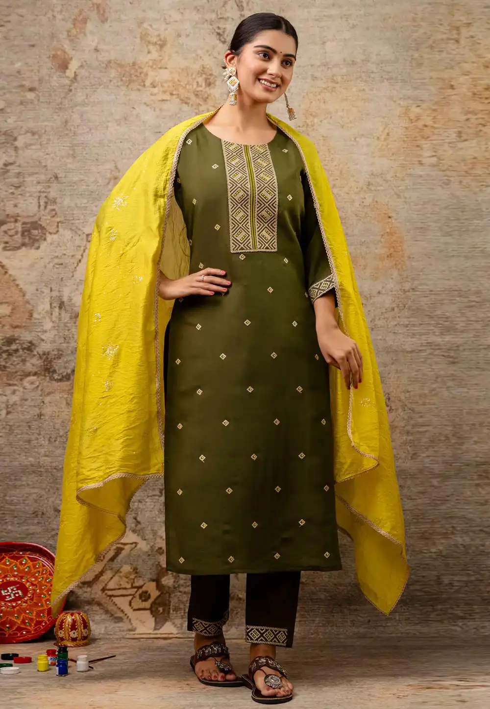 Mehndi Silk Readymade Pakistani Suit 309261