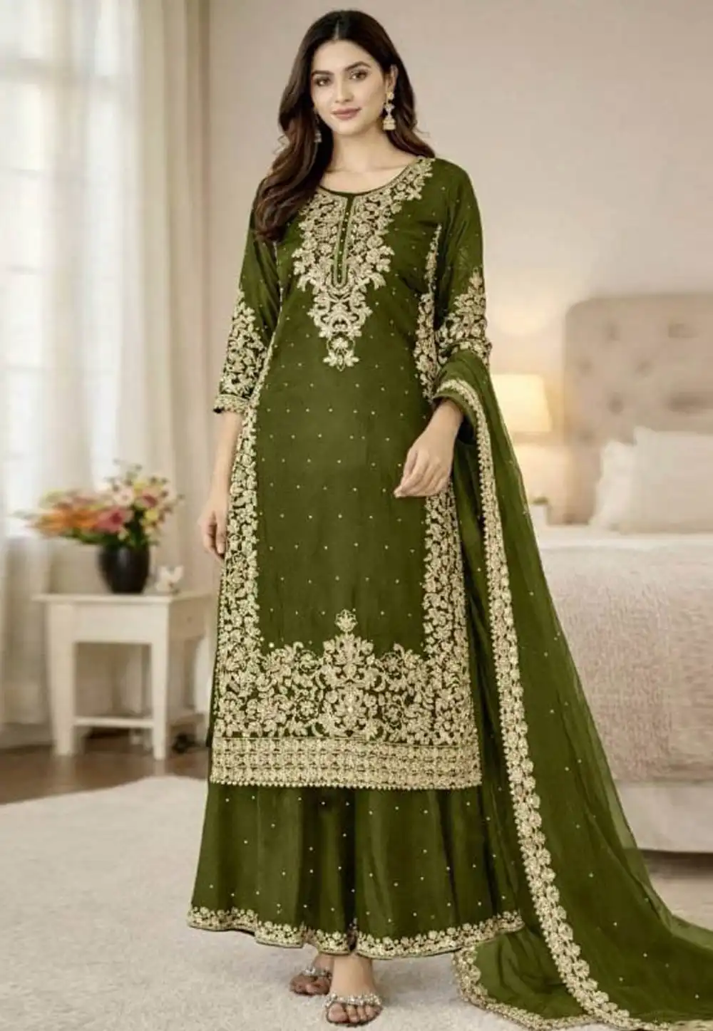 Mehndi Silk Readymade Pakistani Suit 321491