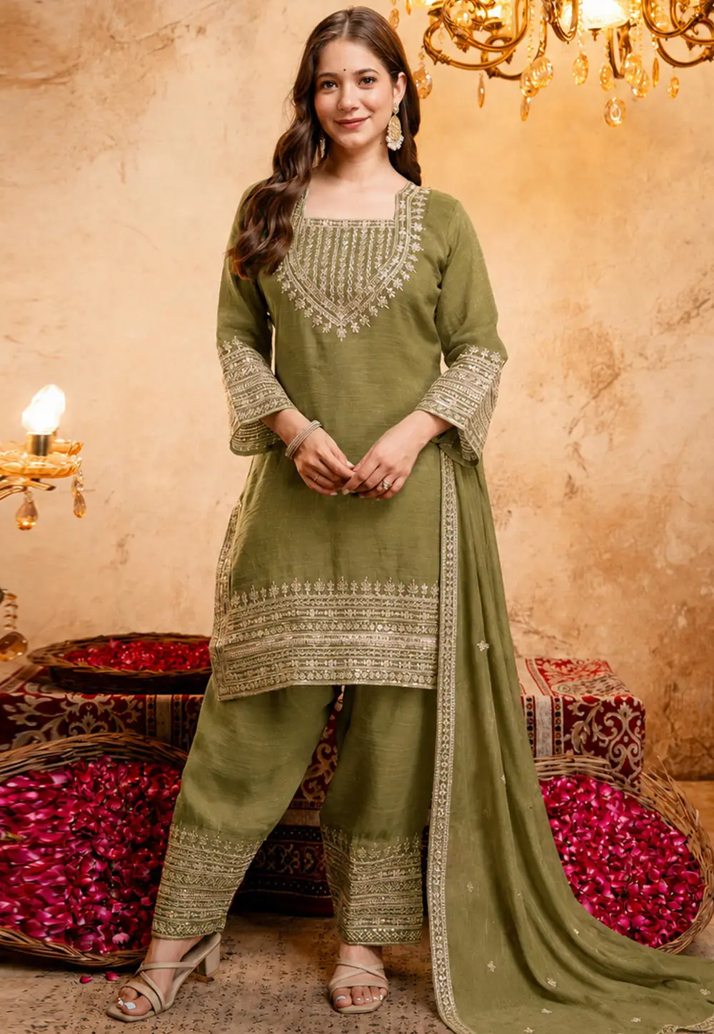 Mehndi Silk Readymade Pakistani Suit 335049