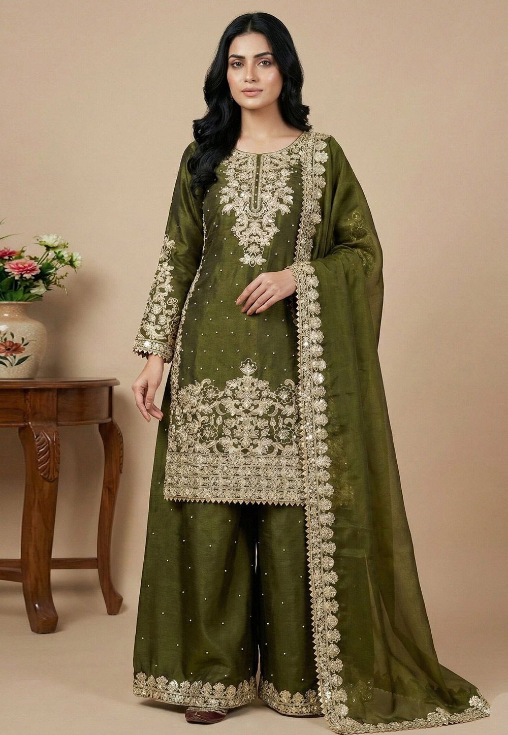 Mehndi Silk Readymade Palazzo Suit 324986