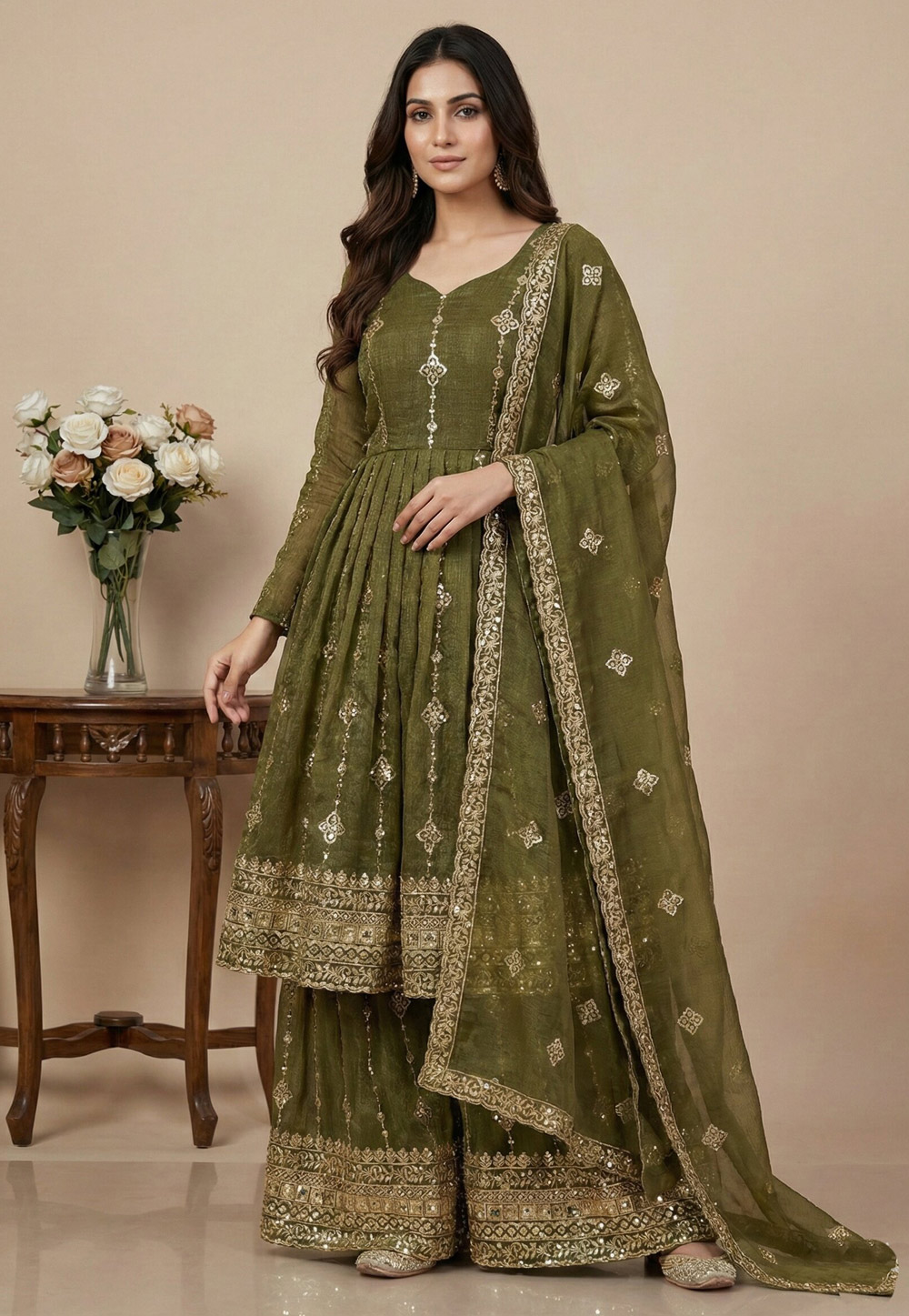 Mehndi Silk Readymade Palazzo Suit 324992