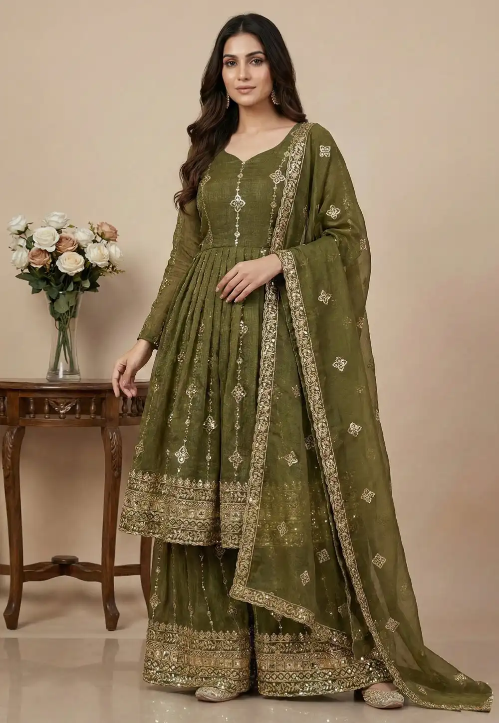 Mehndi Silk Readymade Palazzo Suit 324992