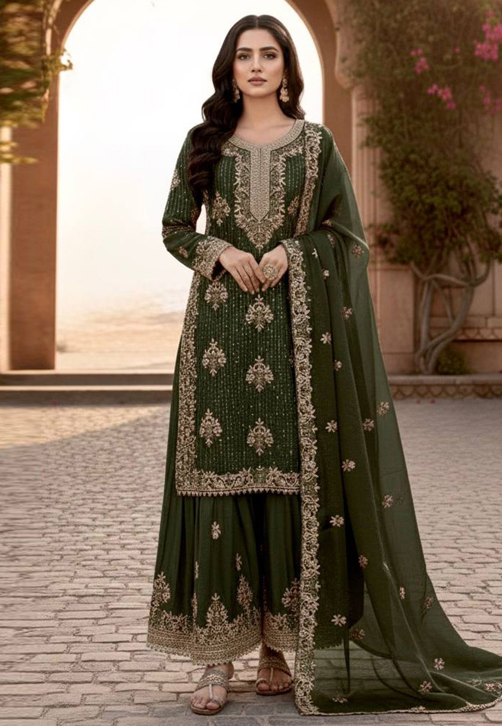 Mehndi Silk Readymade Palazzo Suit 322218