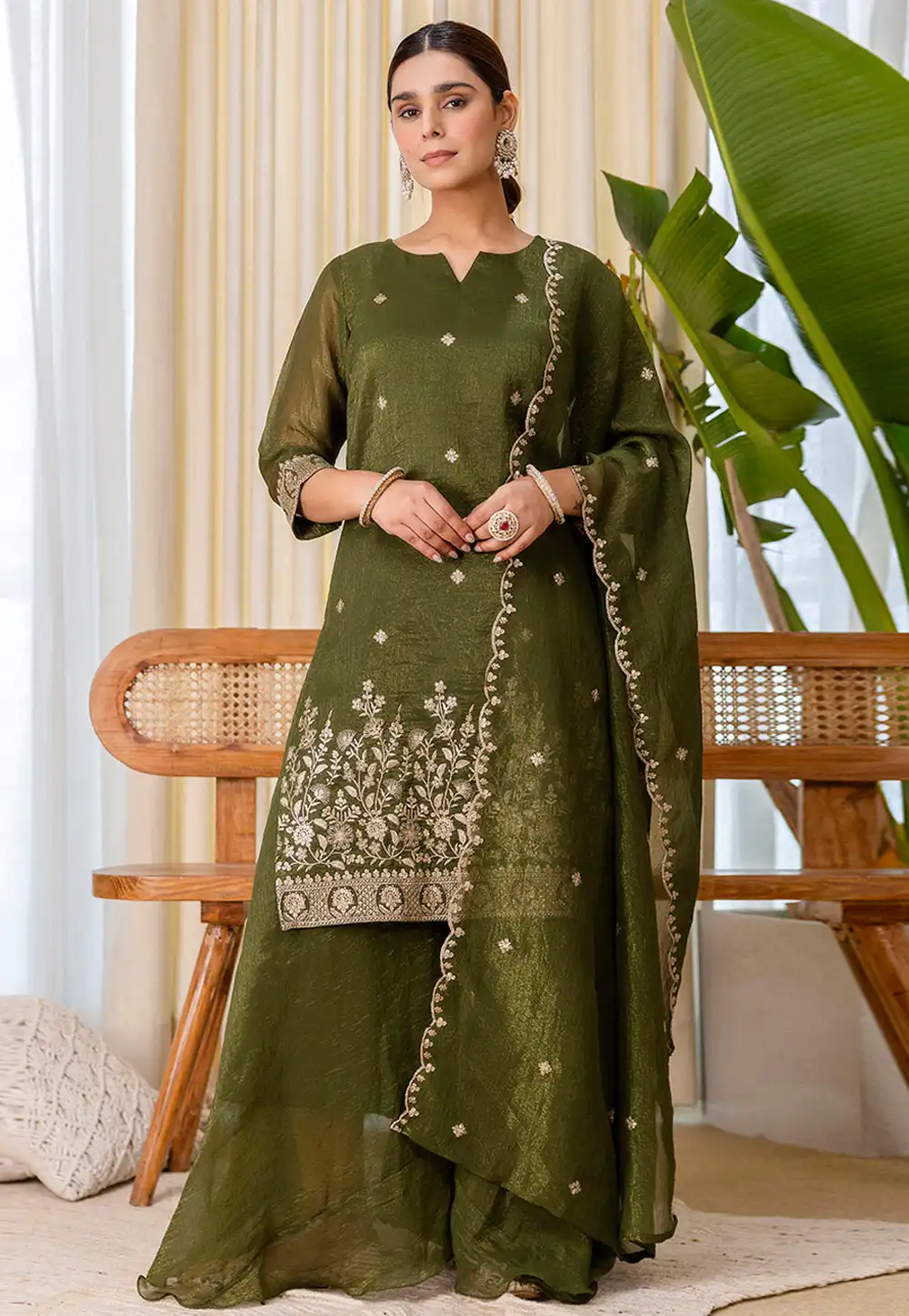 Mehndi Silk Readymade Palazzo Suit 328590