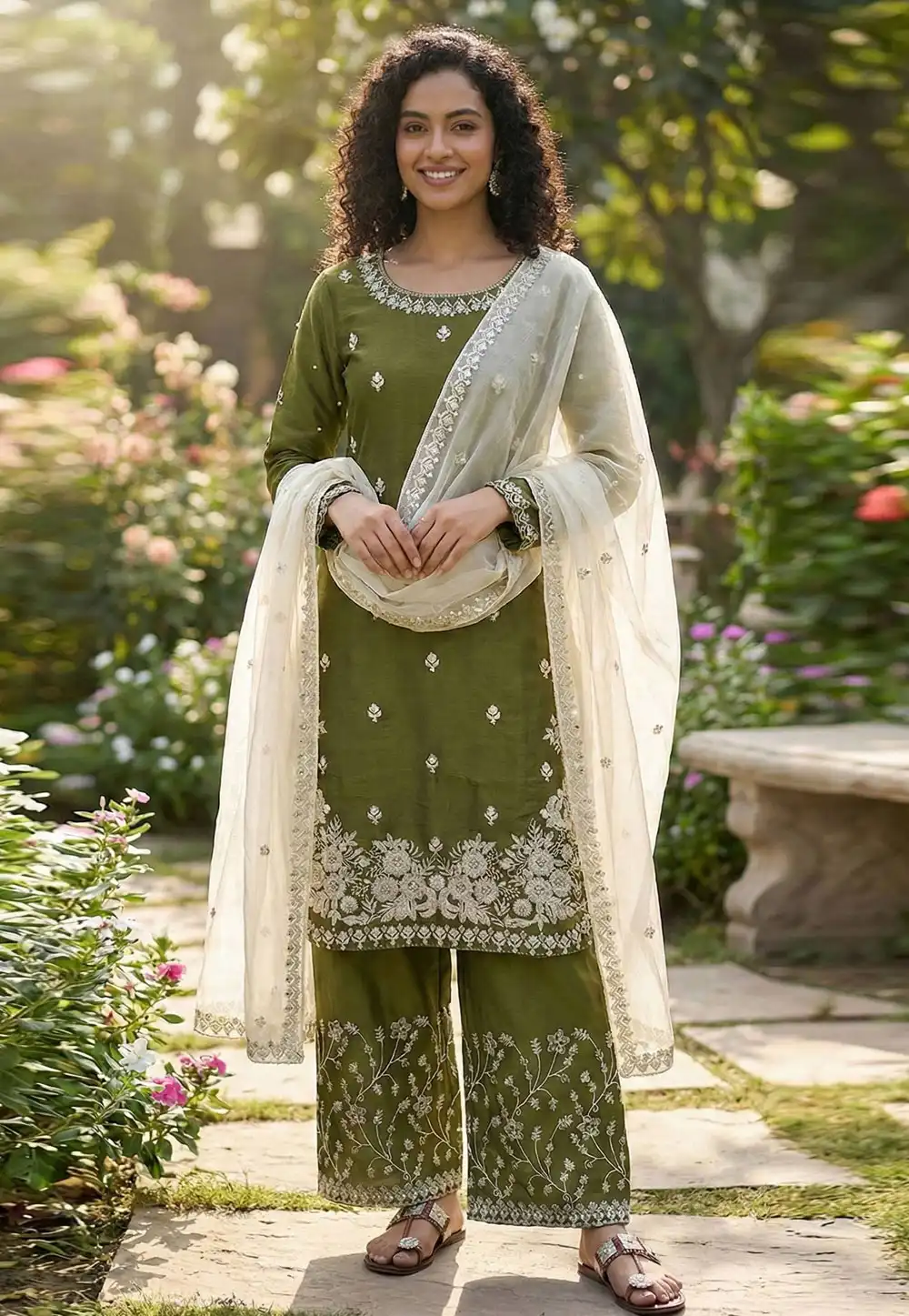 Mehndi Silk Readymade Palazzo Suit 322053