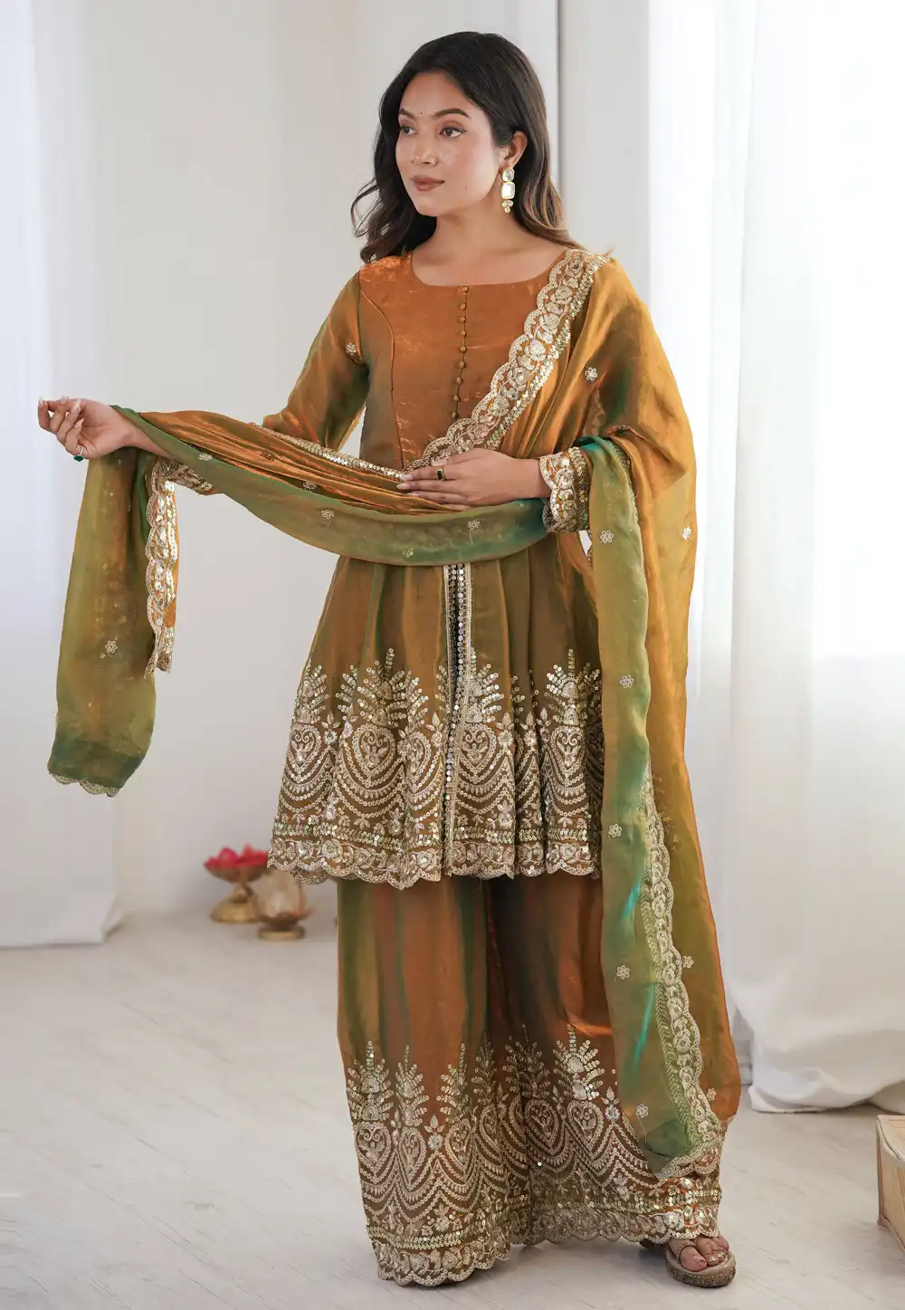 Mehndi Silk Readymade Palazzo Suit 323784
