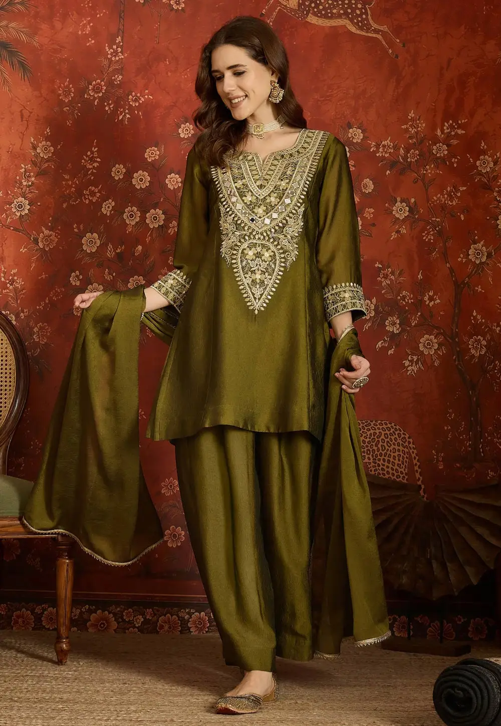 Mehndi Silk Readymade Palazzo Suit 335473