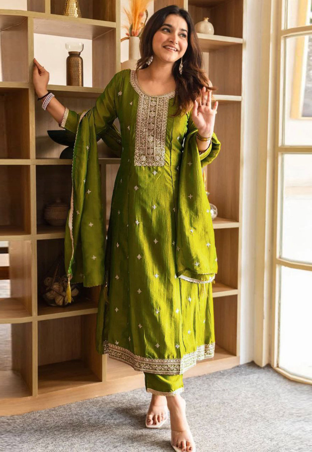 Mehndi Silk Readymade Pant Style Suit 321606