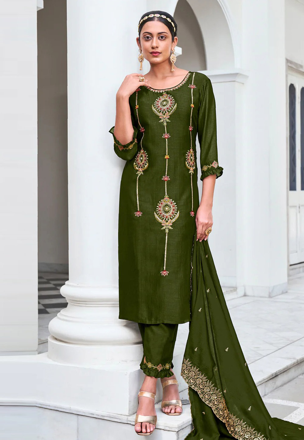 Mehndi Silk Readymade Pant Style Suit 308733