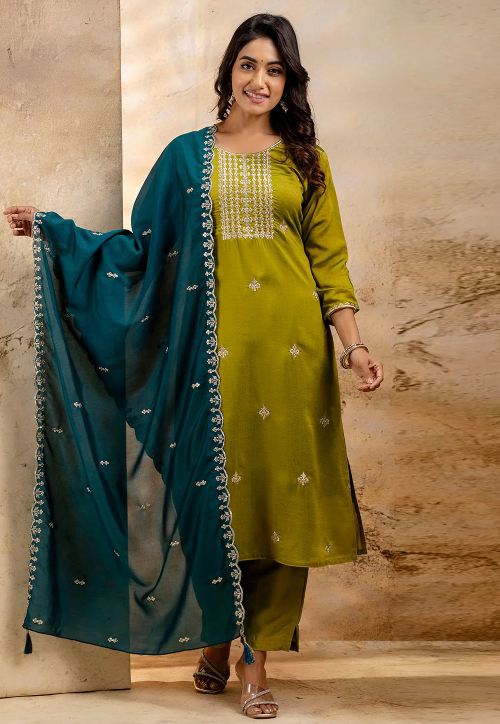 Mehndi Silk Readymade Pant Style Suit 308913