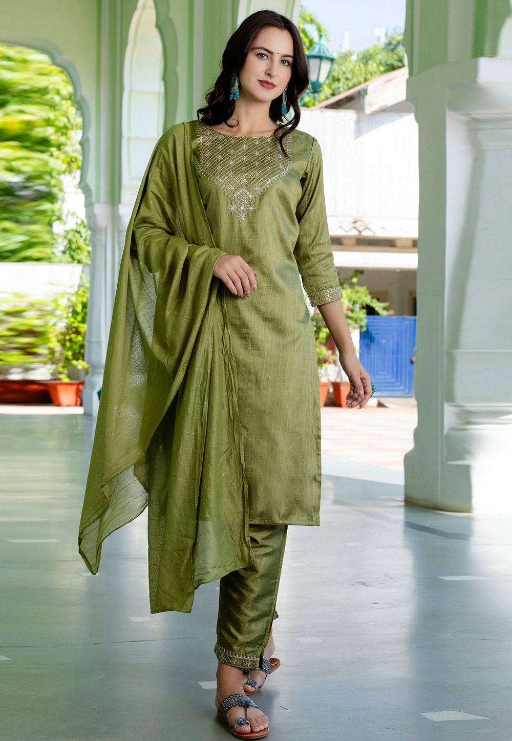 Mehndi Silk Readymade Pant Style Suit 310385