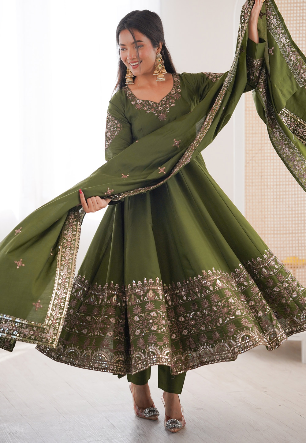 Mehndi Silk Readymade Pant Style Suit 325482