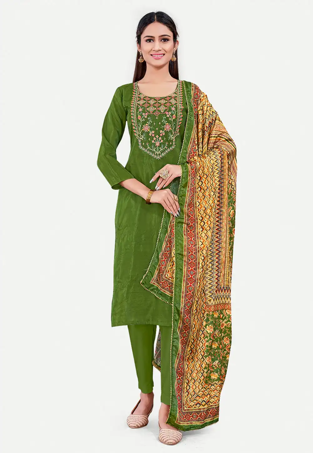 Mehndi Silk Readymade Pant Style Suit 288171