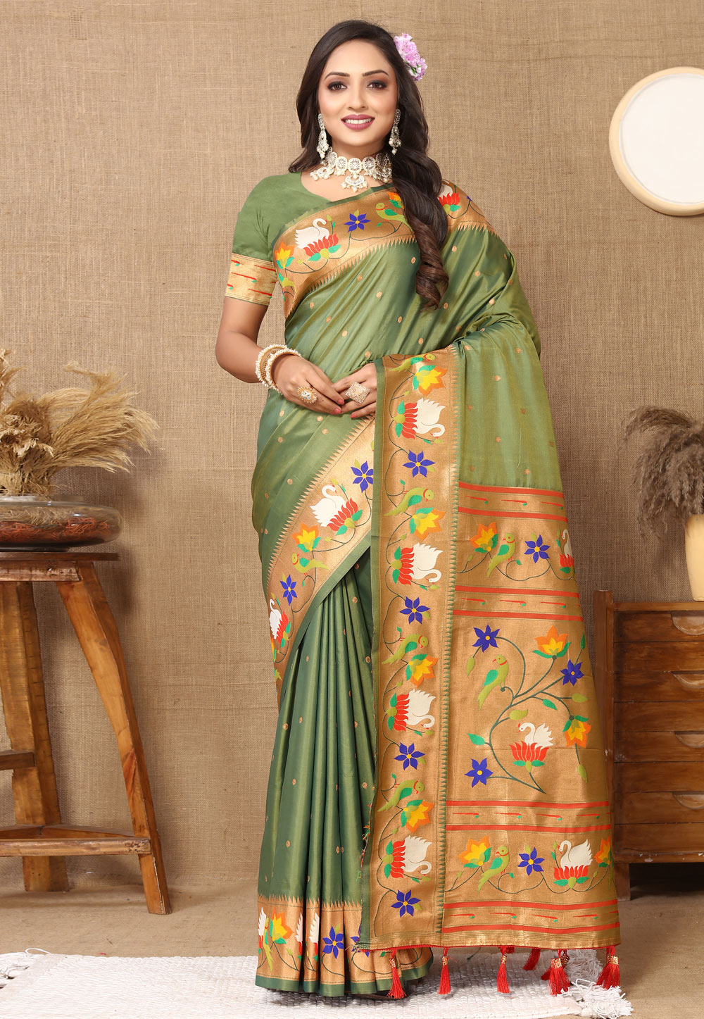 Mehndi Silk Saree With Blouse 308352