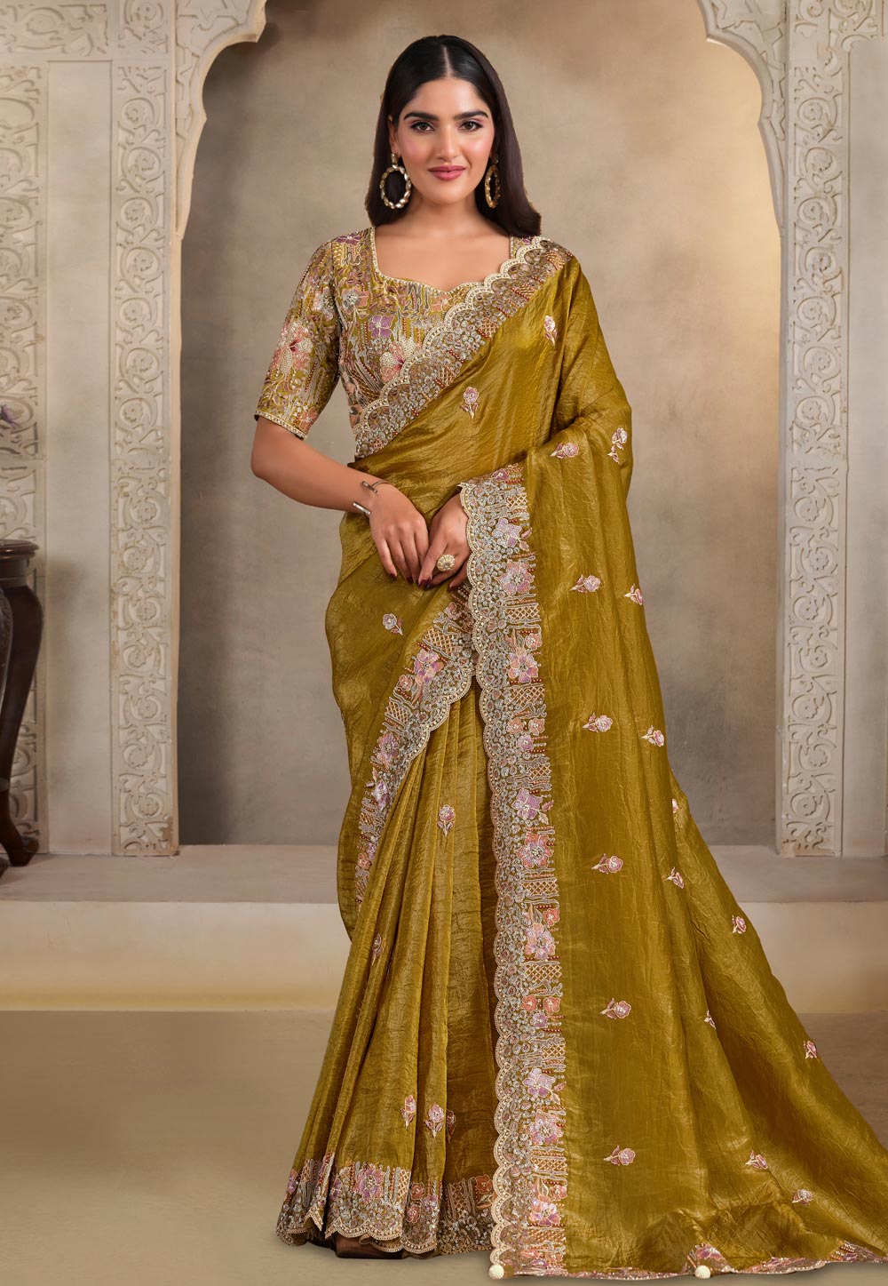 Mehndi Silk Saree With Blouse 318976