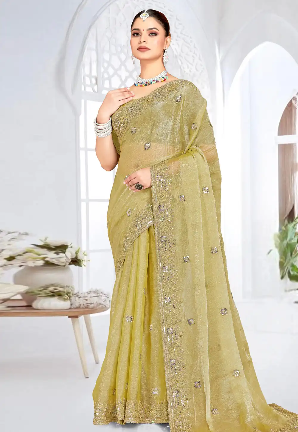 Mehndi Silk Saree With Blouse 317590