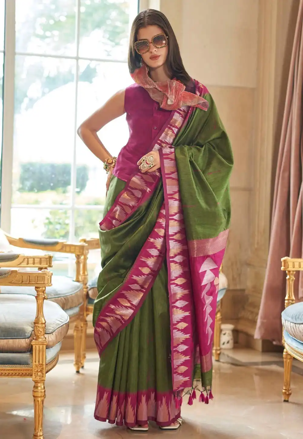 Mehndi Silk Saree With Blouse 323226