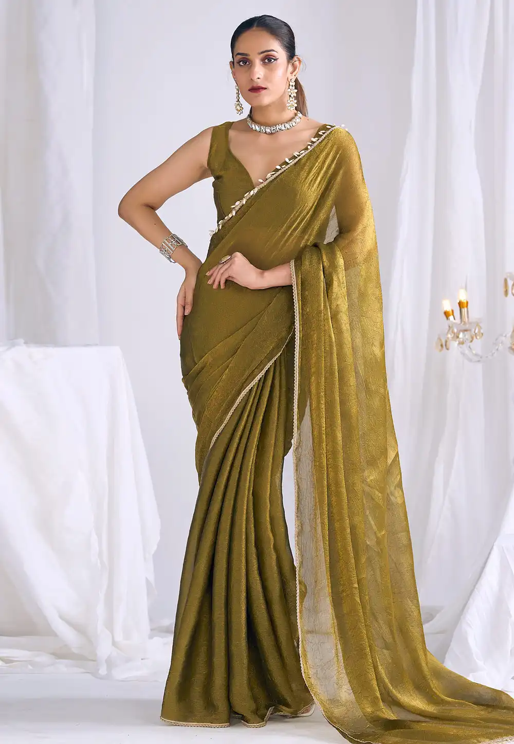 Mehndi Silk Saree With Blouse 327726