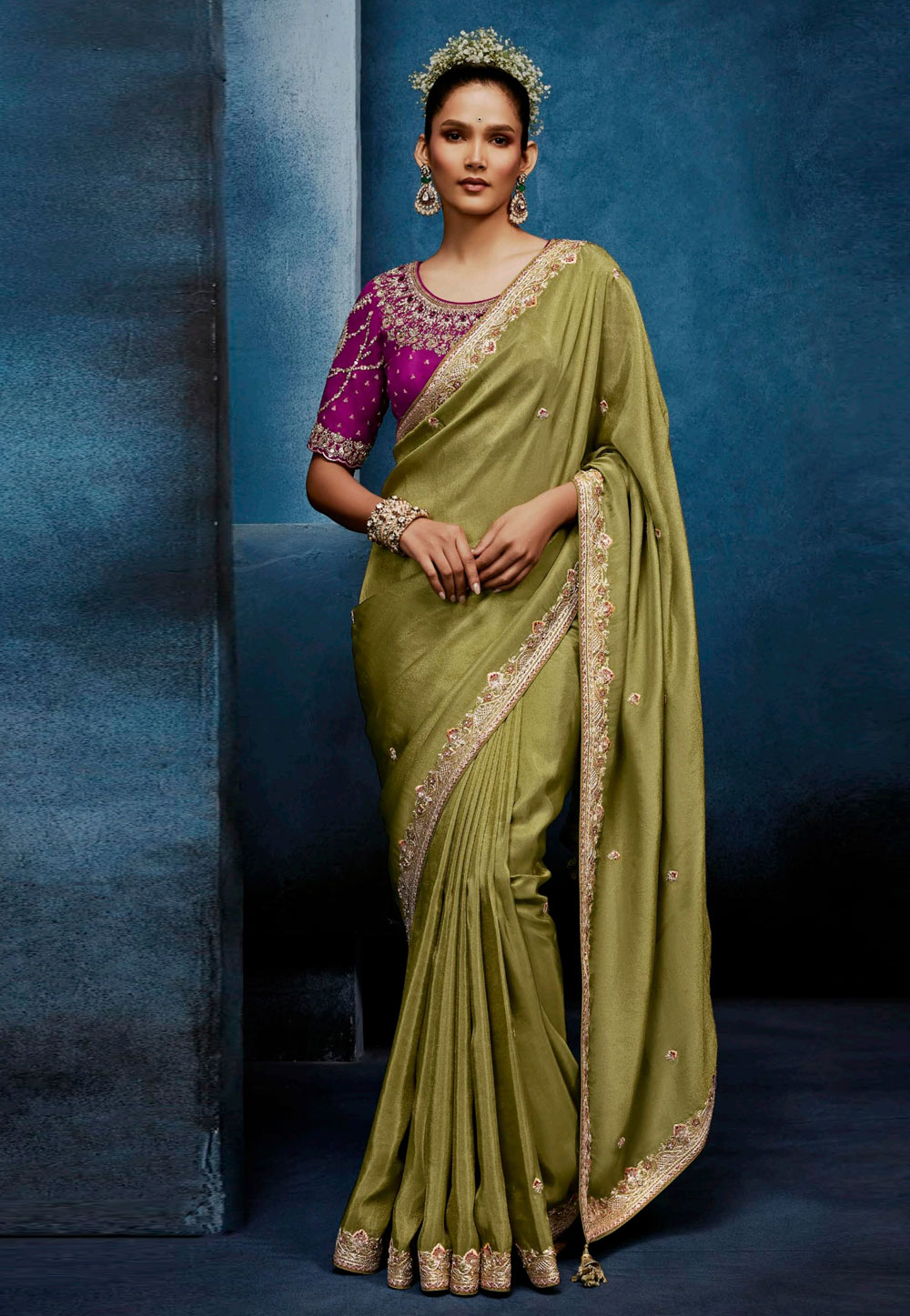 Mehndi Silk Saree With Blouse 327248