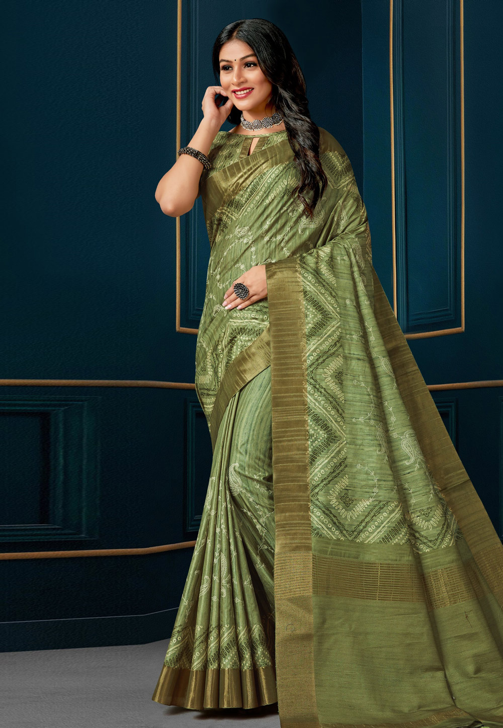 Mehndi Silk Saree With Blouse 279483