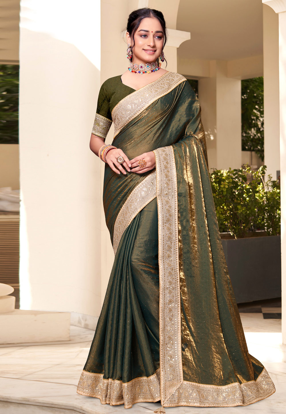 Mehndi Silk Saree With Blouse 279628