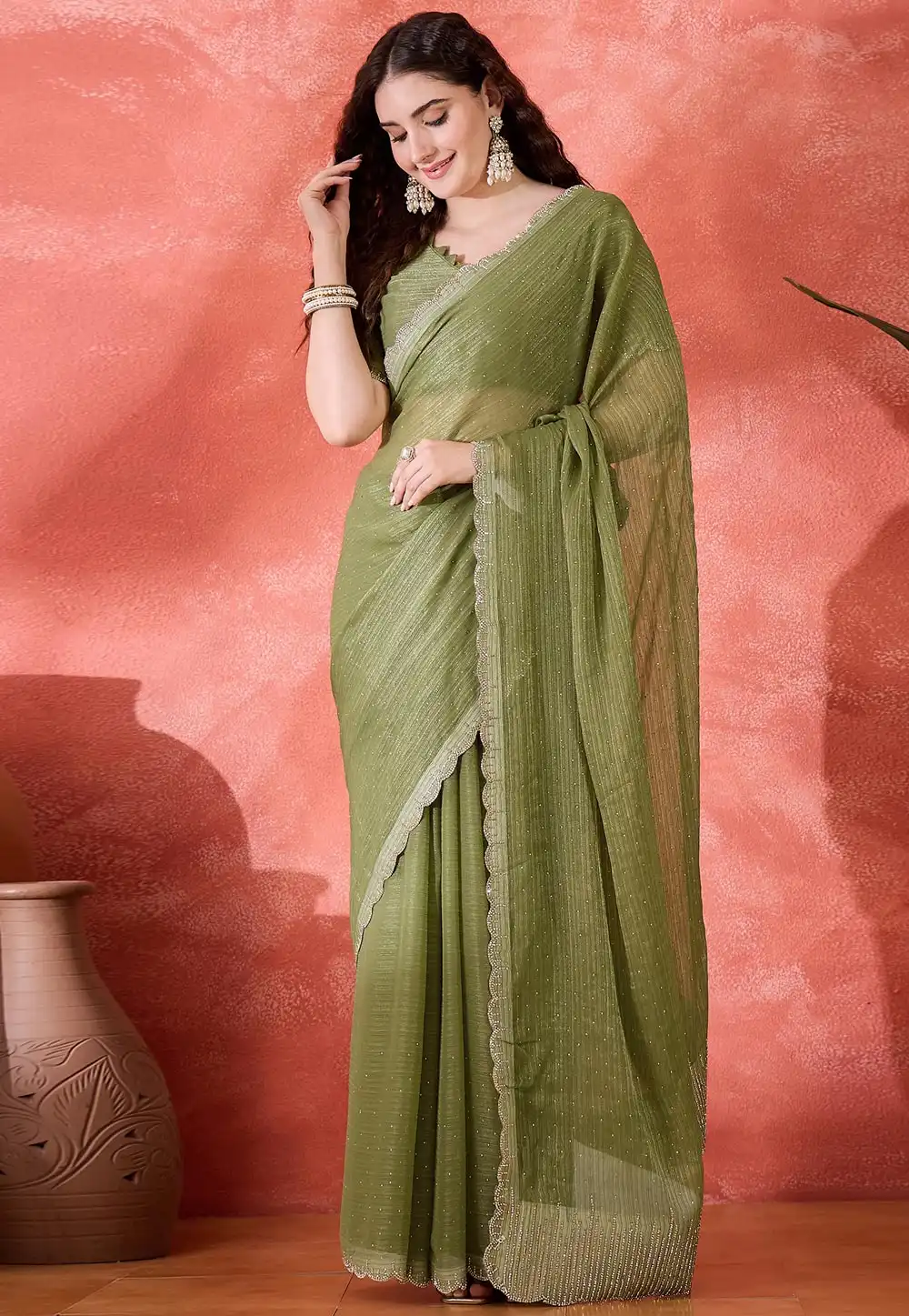 Mehndi Silk Saree With Blouse 316793