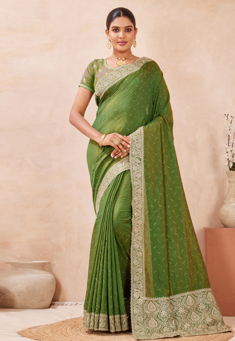 Mehndi Silk Saree With Blouse 320889
