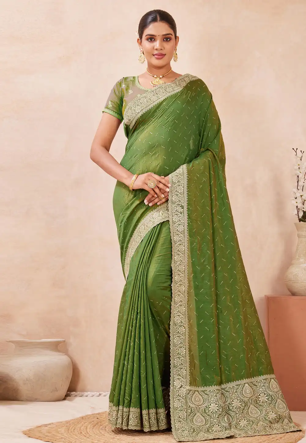 Mehndi Silk Saree With Blouse 320889